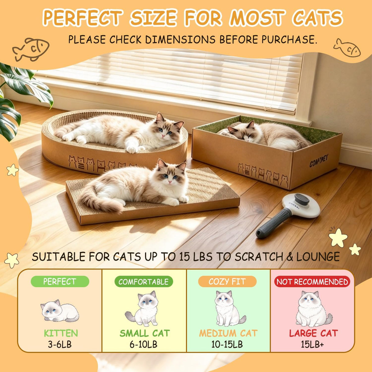 Comoney Cat Scratcher Bed 3 Pack, Oval Corrugated Cardboard Cat Scratch Pads for Indoor Cats with Grooming Brush, Round Cat Scratching Board Lounge Furniture Protector