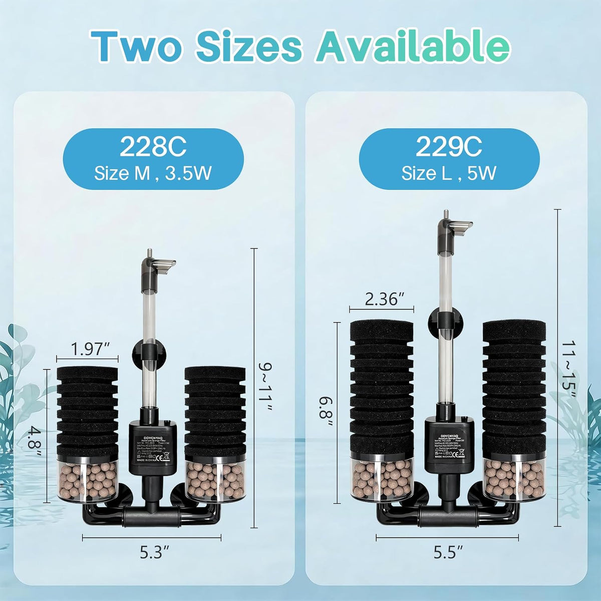 Electric Double Sponge Filter, 5W Ultra-Quiet Internal Power Filter with Venturi & Rain Mode, Submersible Aquarium Filter for 20-55 Gal Freshwater & Saltwater Fish Tanks(L)
