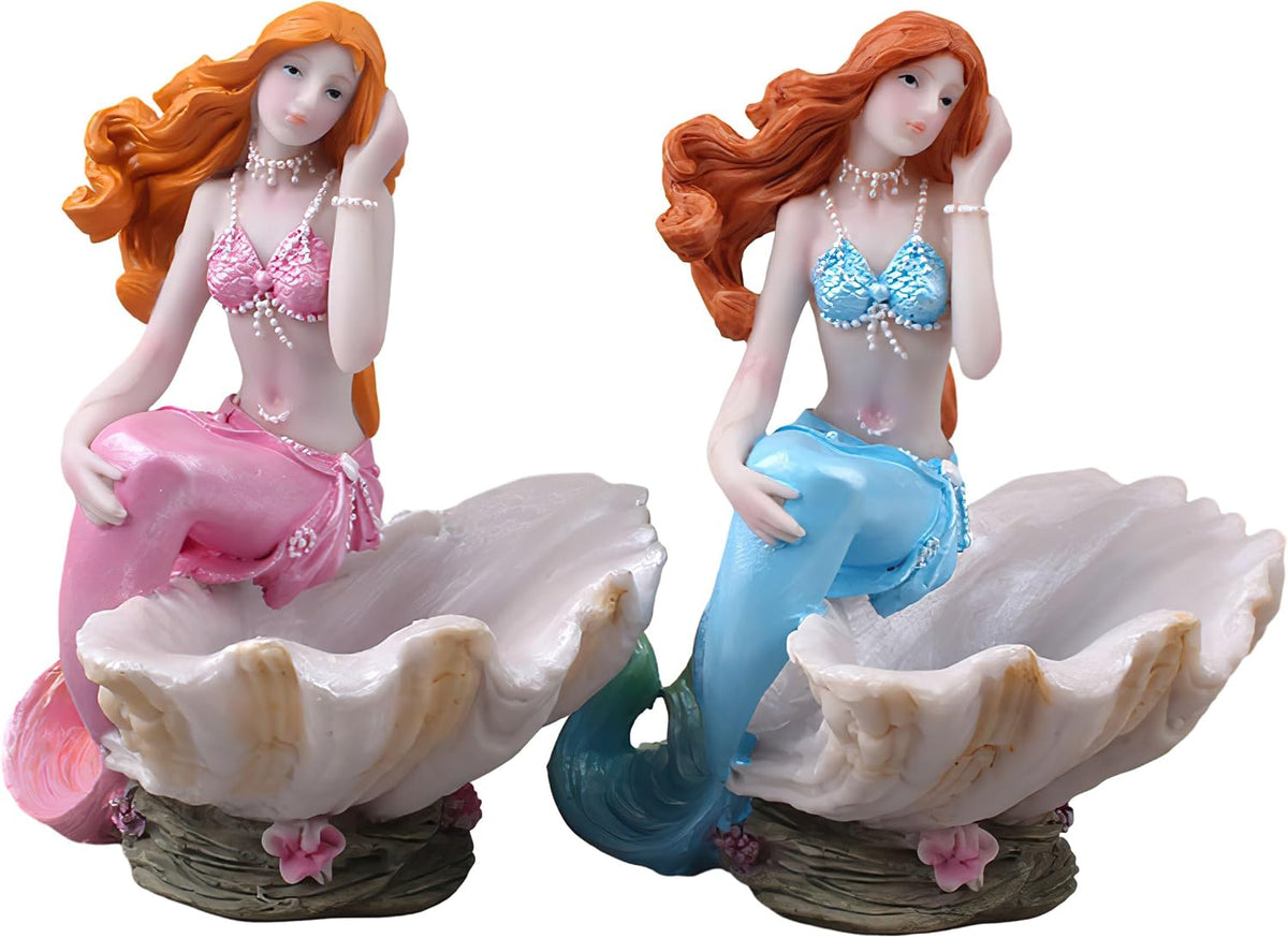 Mermaid Figurines Shell Aquarium Ornament Resin Mediterranean Style Mermaid Princess Craft Statue Jewelry Storage Organizer Gifts for Girls,Fish Tank Supplies Accessories (Blue)…