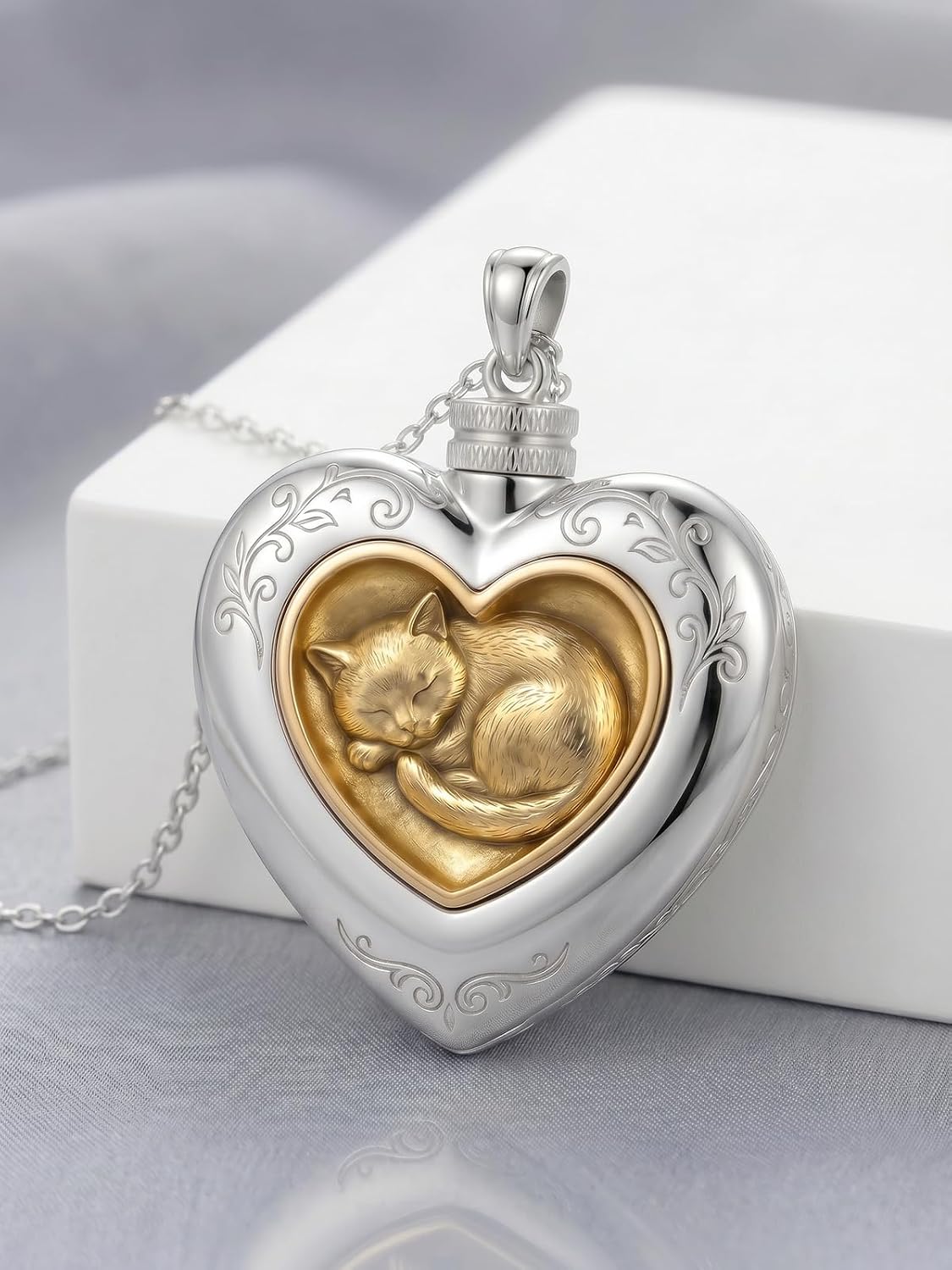 Cat/Dog Cremation Urn Necklace 925 Sterling Silver Two-Tone Heart Pet Urn Necklace Ashes Keepsake Memorial Urn Necklaces for Ashes Adjustable 16+3 Inch with Funnel