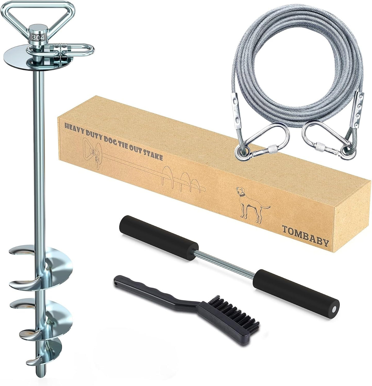 TOMBABY Dog Tie Out Cable and Stake,with 30FT Heavy Duty Cable,360° Swivel Dog Anchor& Anti-Tangle,Dog Runner for Yard,Dog Stake Allows Dogs Up to 210 lbs, Dog Stakes for Outside Beach,Camping, Yard