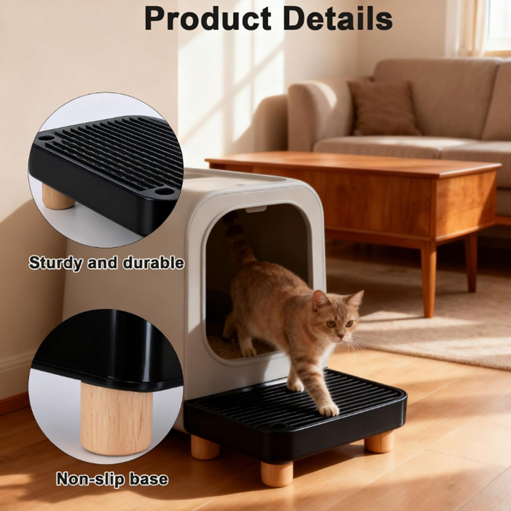 Litter Box Step, Litter Box Ramp/Catcher with Wooden Base，Pet Step Stool for Filter Function, Easy to Clean,Ideal for Kitten/Elderly Cats(Black)