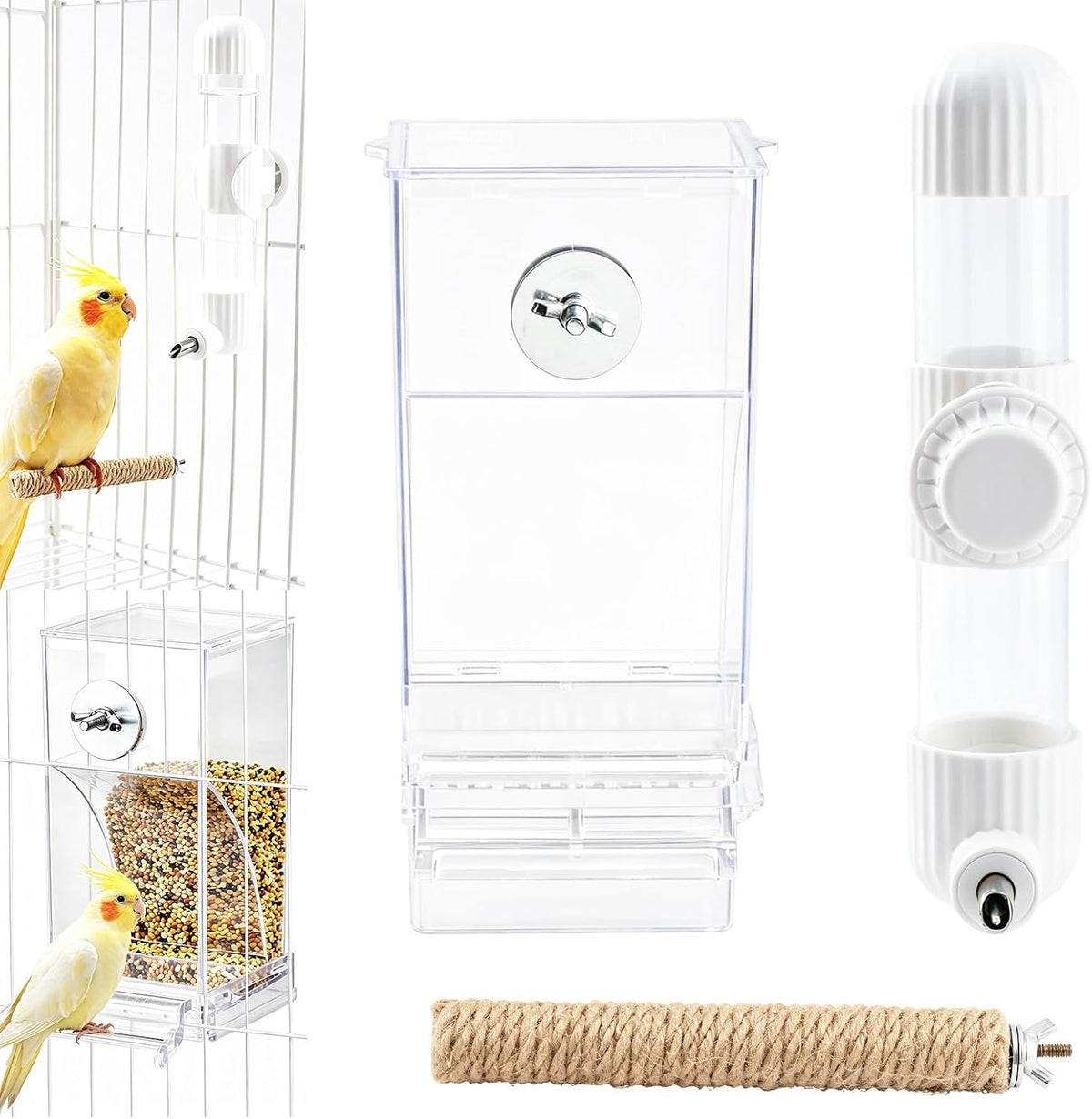No Mess Bird Feeder Water Dispenser Set, Automatic Parrot Feeder for Cage