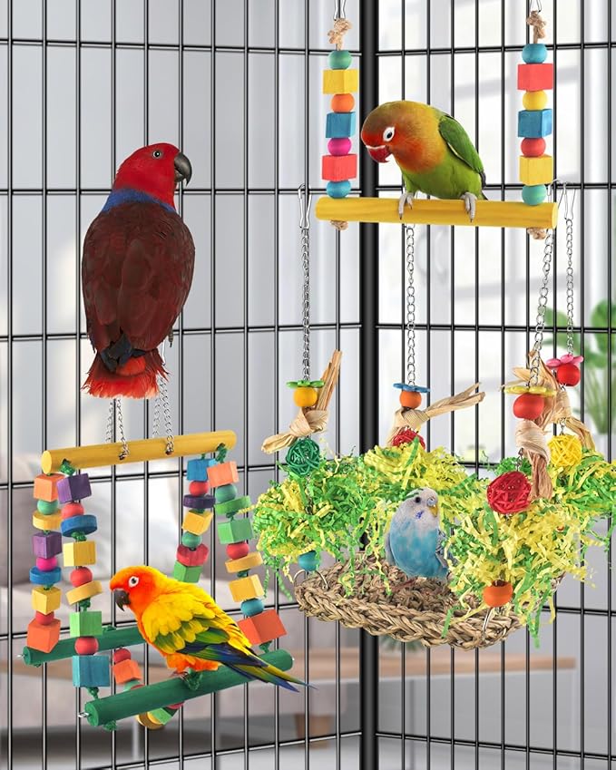 Bird Hammock Toys Parakeet Perches Swing, 3in1 Detachable Parrot Cage - Image 2
