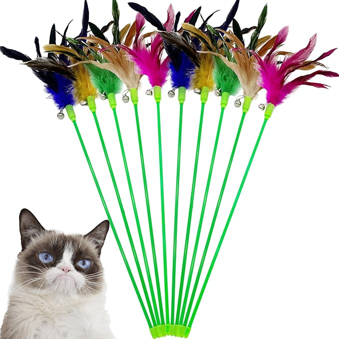 Interactive Cat Wand Feather Toys, 10 Pieces Feathers Stick Cat Toys by CATENEED