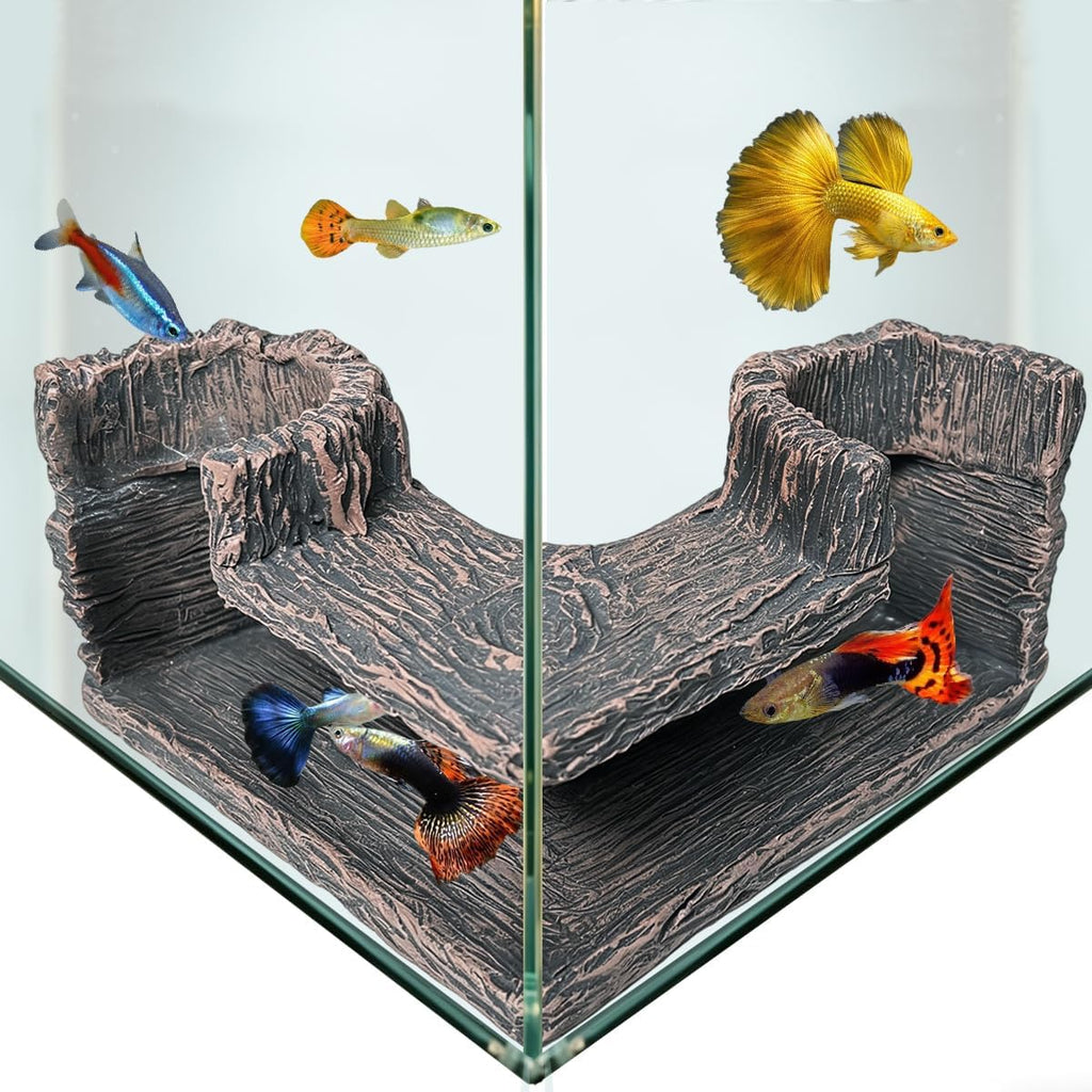 Fish Tank Decorations, 5.1" x 2" x 2.7" Resin Tree Bark Dual-Hole Aquarium Cave, Perfect Hiding Spot for Guppies, Neon Tetra, Cherry Shrimp