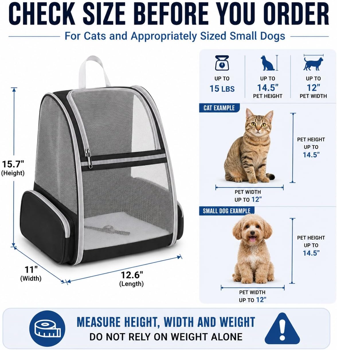 Cat Carrier Backpack for Cats and Small Dogs up to 15 lbs, Soft-Sided Foldable Pet Carrier with Breathable Mesh, Front Upper&Dual Side Entry, Support Frame, Hard Bottom for Vet Visits and Air Travel