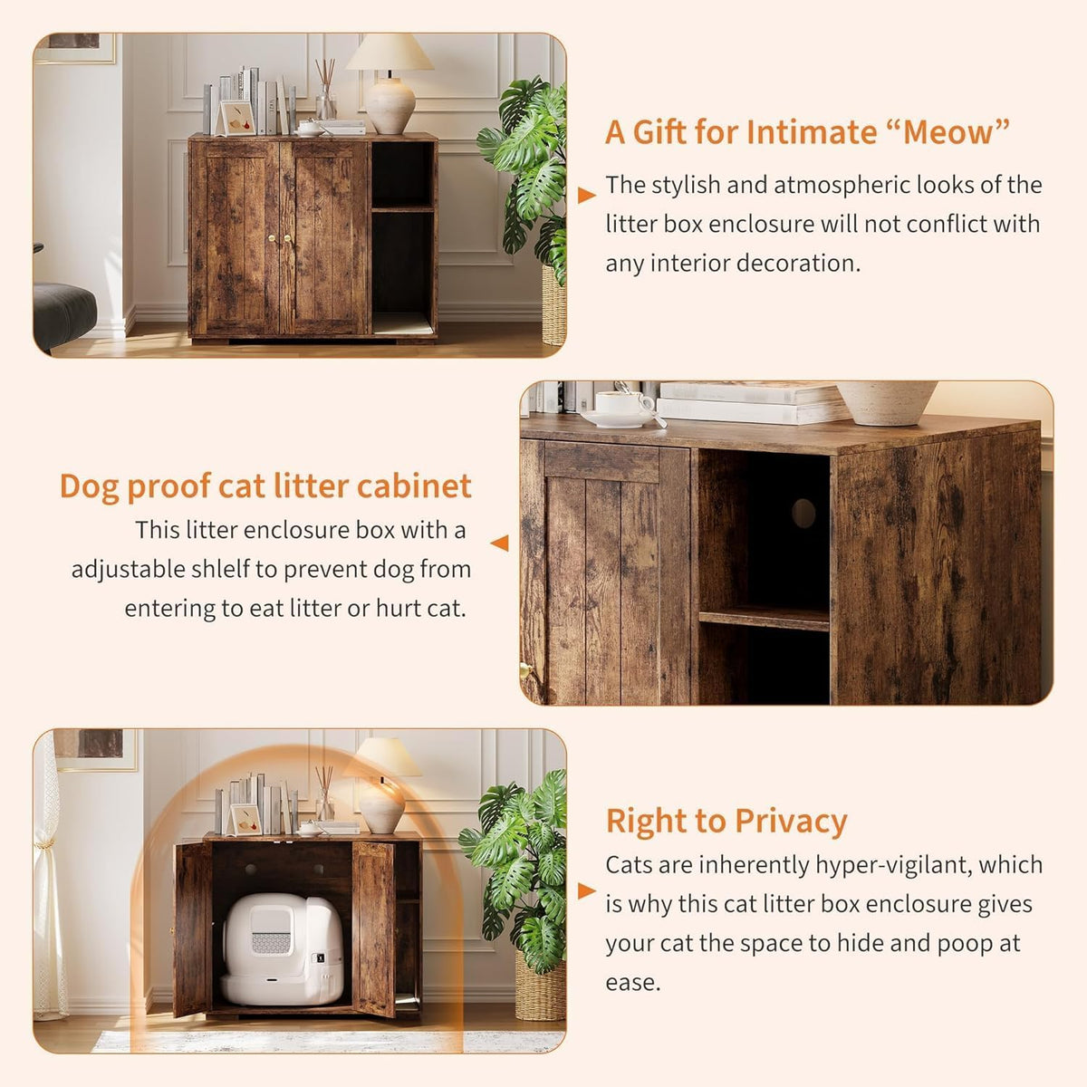 Large Litter Box Enclosure, Hidden Litter Box Furniture with Built-in Power Outlet & Litter Catcher, Fits Large & Automatic Cat Litter Boxes, Sturdy Easy-to-Assemble Cat Litter Box Enclosure for Home