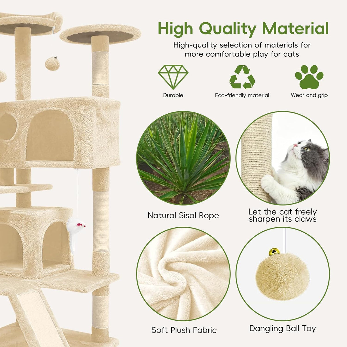 Aotaide 54in Cat Tree, Multi-Level Cat Tower,2 Cozy Caves, Scratching Posts, Climbing Ladder, Plush Balls, Durable Pet House Furniture for Indoor Kittens,Beige