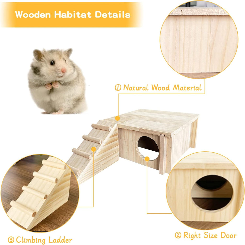 Fhiny Wooden Hamster Hideaout, Multi-Room Hamster House with Ladder