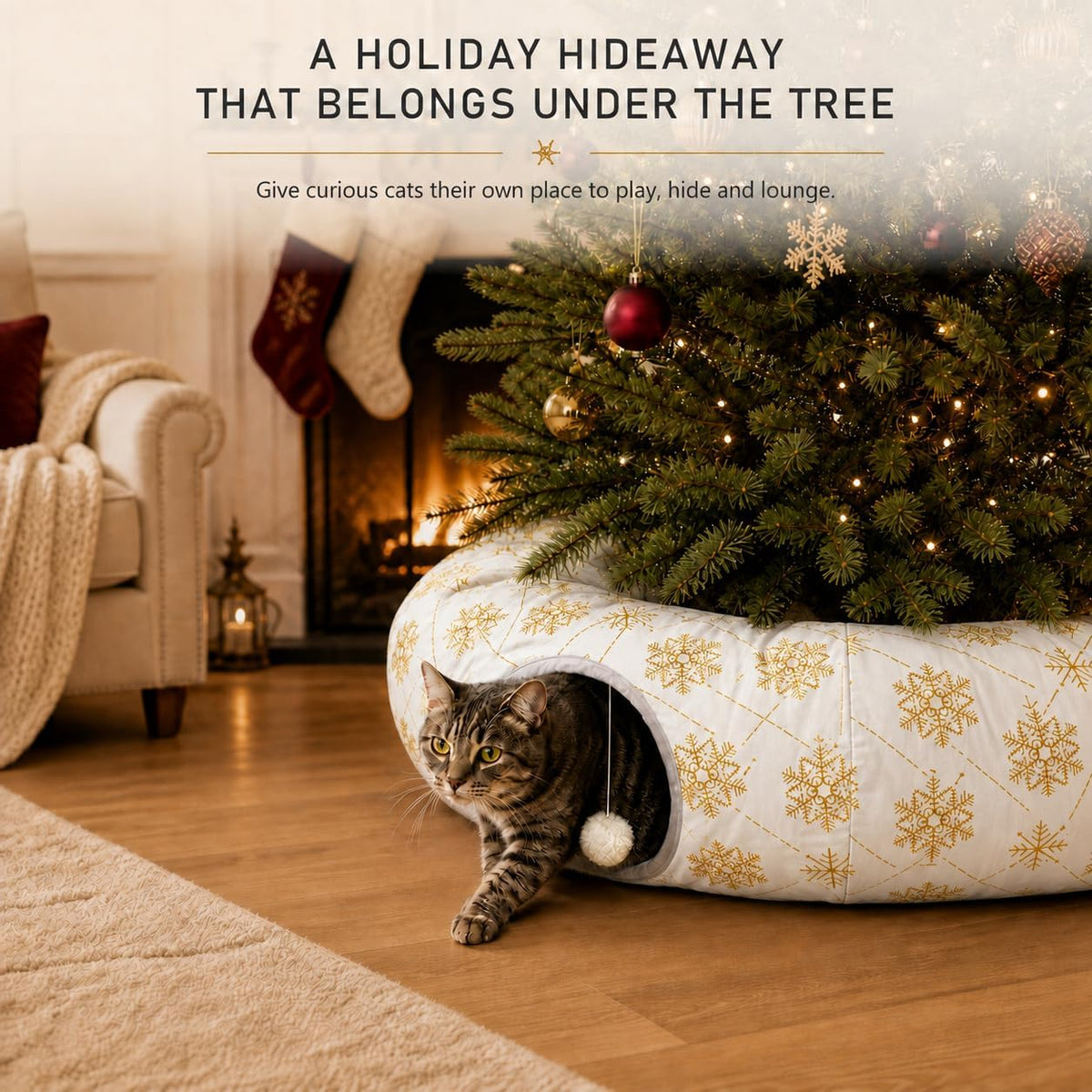Plush Cat Tunnel Bed, Snowflake Pattern, White