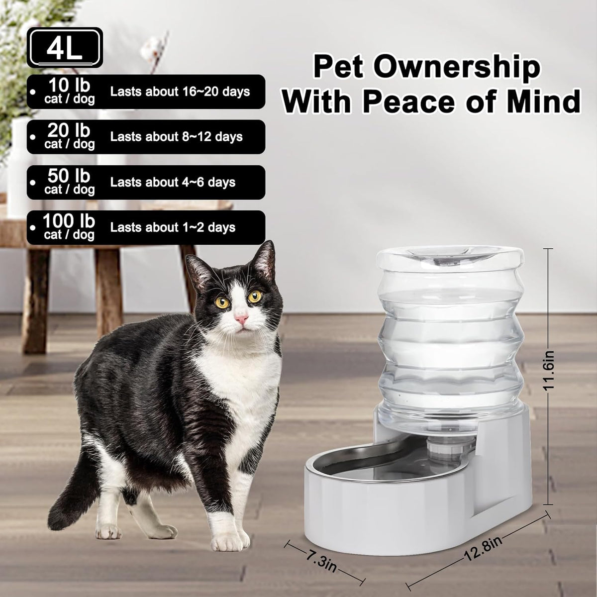 RIZZARI 4L Gravity Cat Water Dispenser: Filter-Free for Cats & Small Dogs