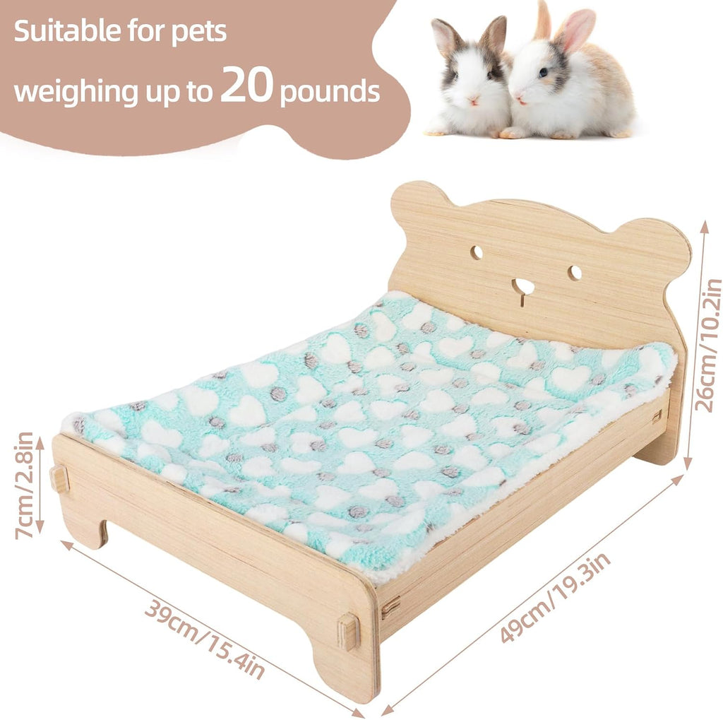 Wooden Bunny Bed with Soft Mat, Cute Pet Bed for Rabbits, Cats, Guinea Pigs Puppy Hamster Small Animal Sleeping, Cozy Warm 19.5"x 15.5" Suitable for Pets Under 20 lbs