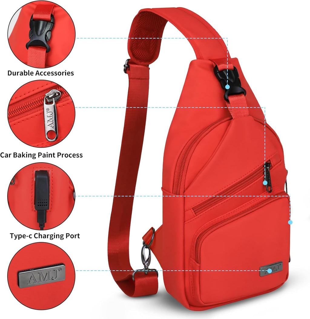 Sling Bag Small Crossbody Backpack Chest Bags Daypack with USB Cable Travel (Red)