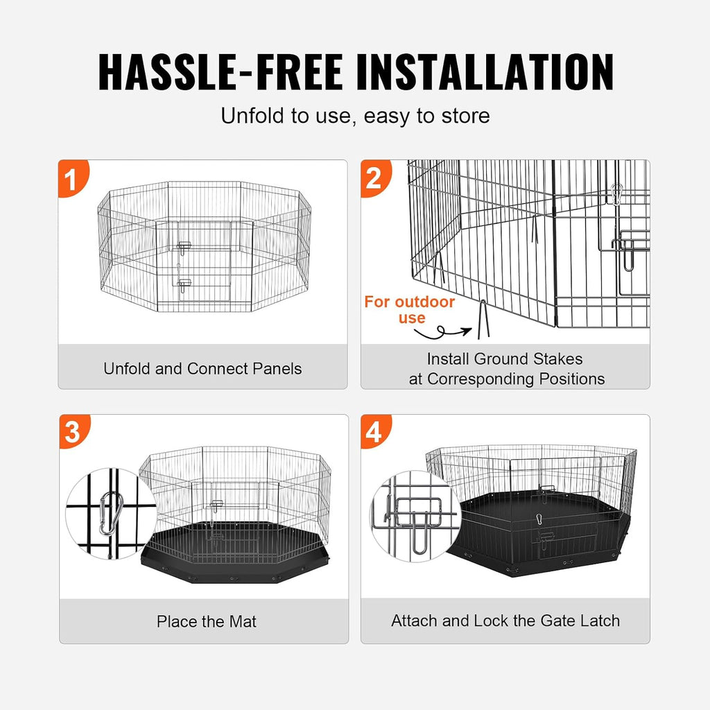 VEVOR Foldable Metal Dog Exercise Pen, Pet Playpen Dog Fence for Camping with Bottom Pad, 24" H 8 Panels, Puppy Crate Kennel Indoor Outdoor for Small & Medium Dogs, Both for Home & Yard Use