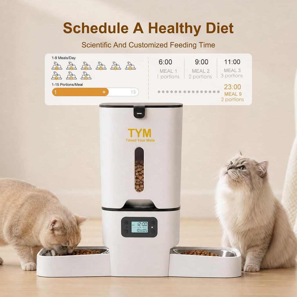 Automatic Cat Feeder 2 Cats, 7L Dry Cat Food Dispenser with Double Bowls