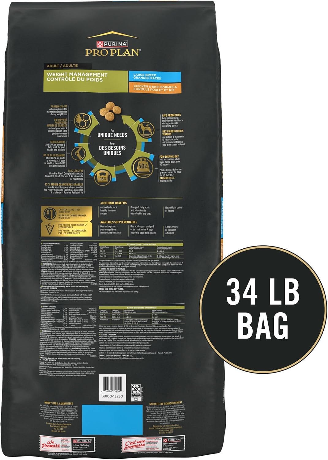 Purina Pro Plan Weight Management Large Breed Dog Food, Chicken, 34 lb Bag