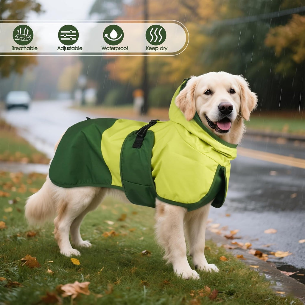 BRKURLEG Dog Raincoat, Waterproof Rain Jacket with Hood, Green, L
