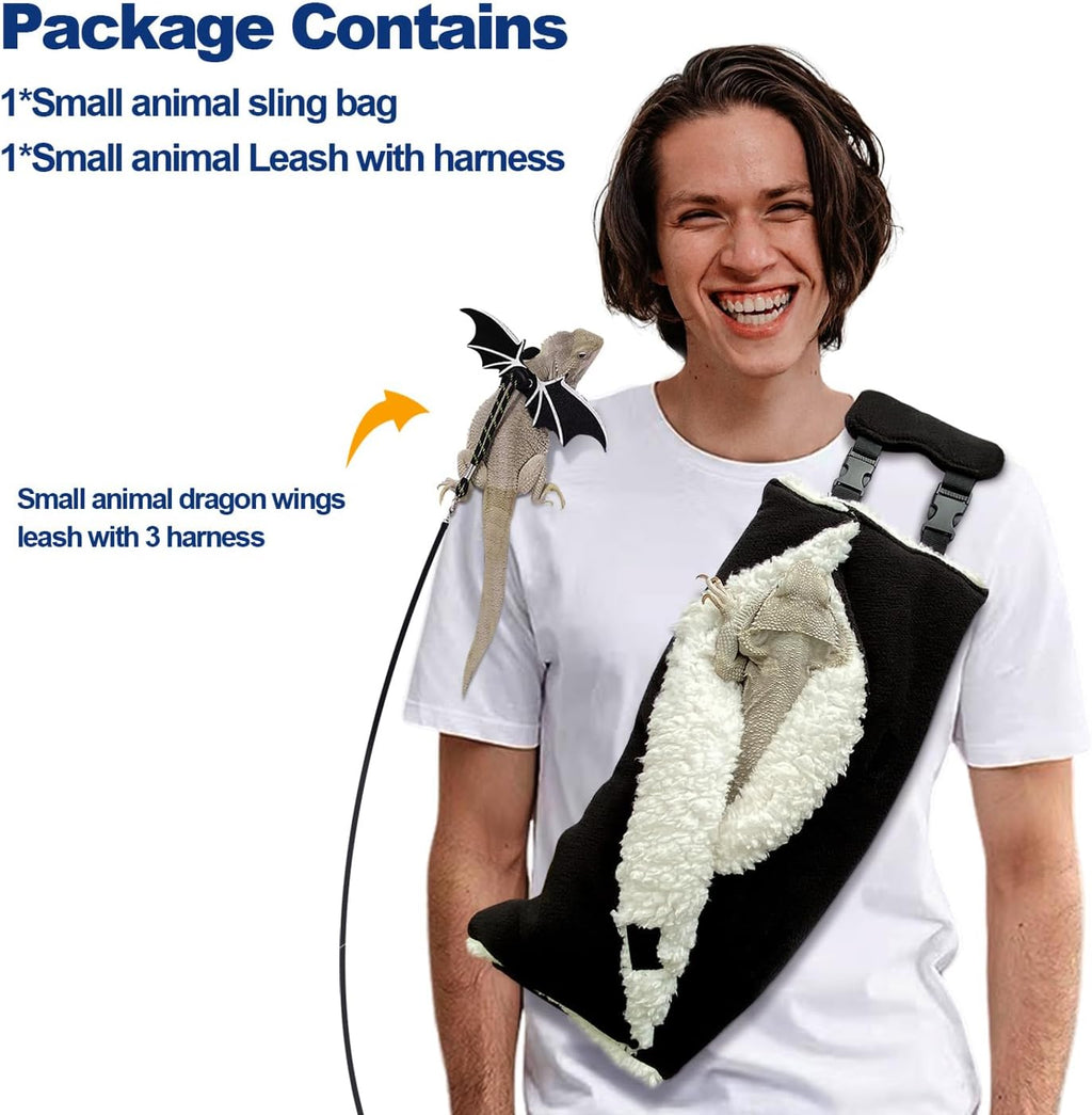 Adjustable Fluffy Bearded Dragon Sling Carrier Bag, Reptile Carrier with Leash Harness Lizard Cage Accessories for Small Animal, Ferrets, Squirrel, Hamsters,Parrot (Black)