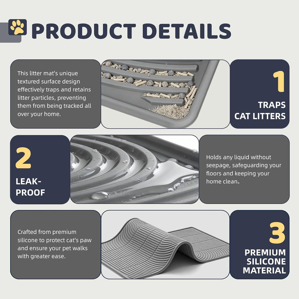 Cat Litter Mat 40"x28" - Soft Silicone & Leak-Proof Large Litter Mat, Non-Slip Cat Litter Trapping Mat for Multiple Cats, Easy to Clean & Durable for All Types (Gray)