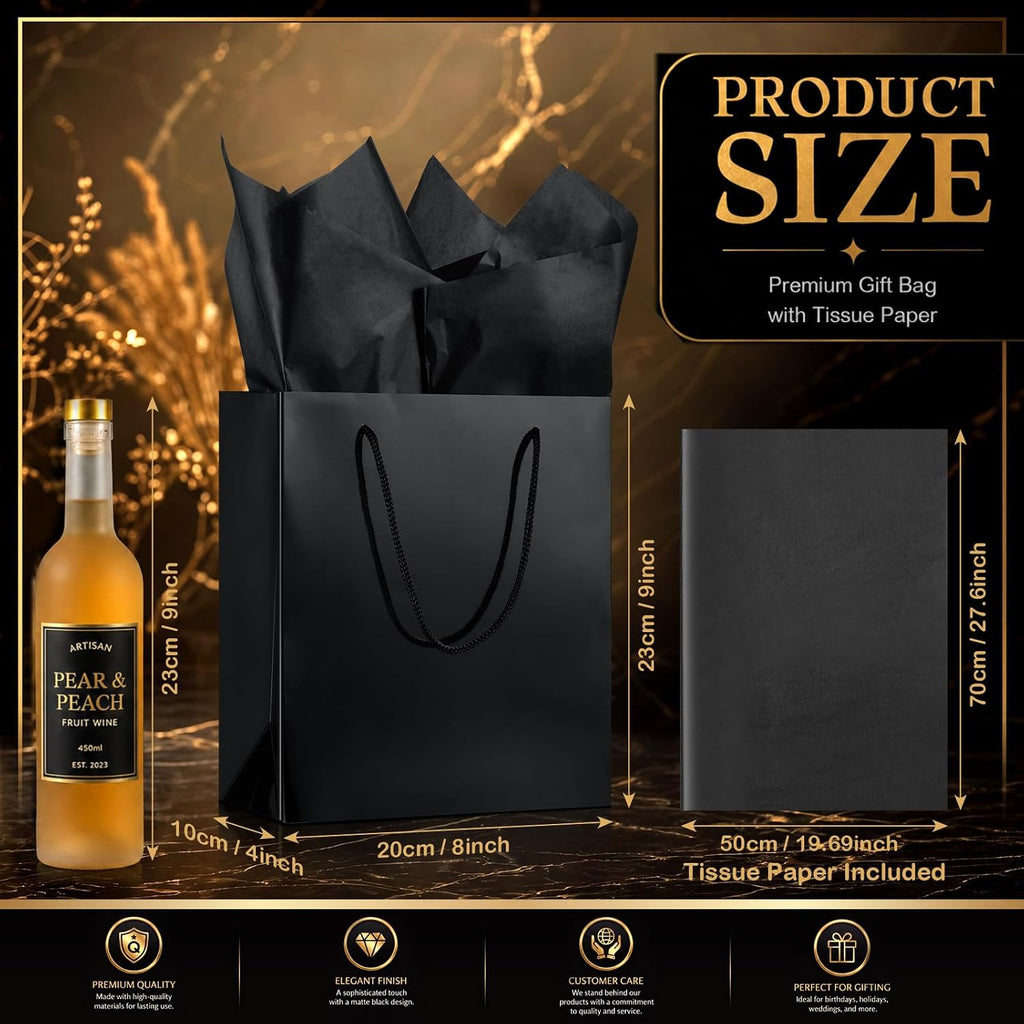 12 Pack Black Gift Bags with Tissue Paper, Metallic Finish, Rope Handles