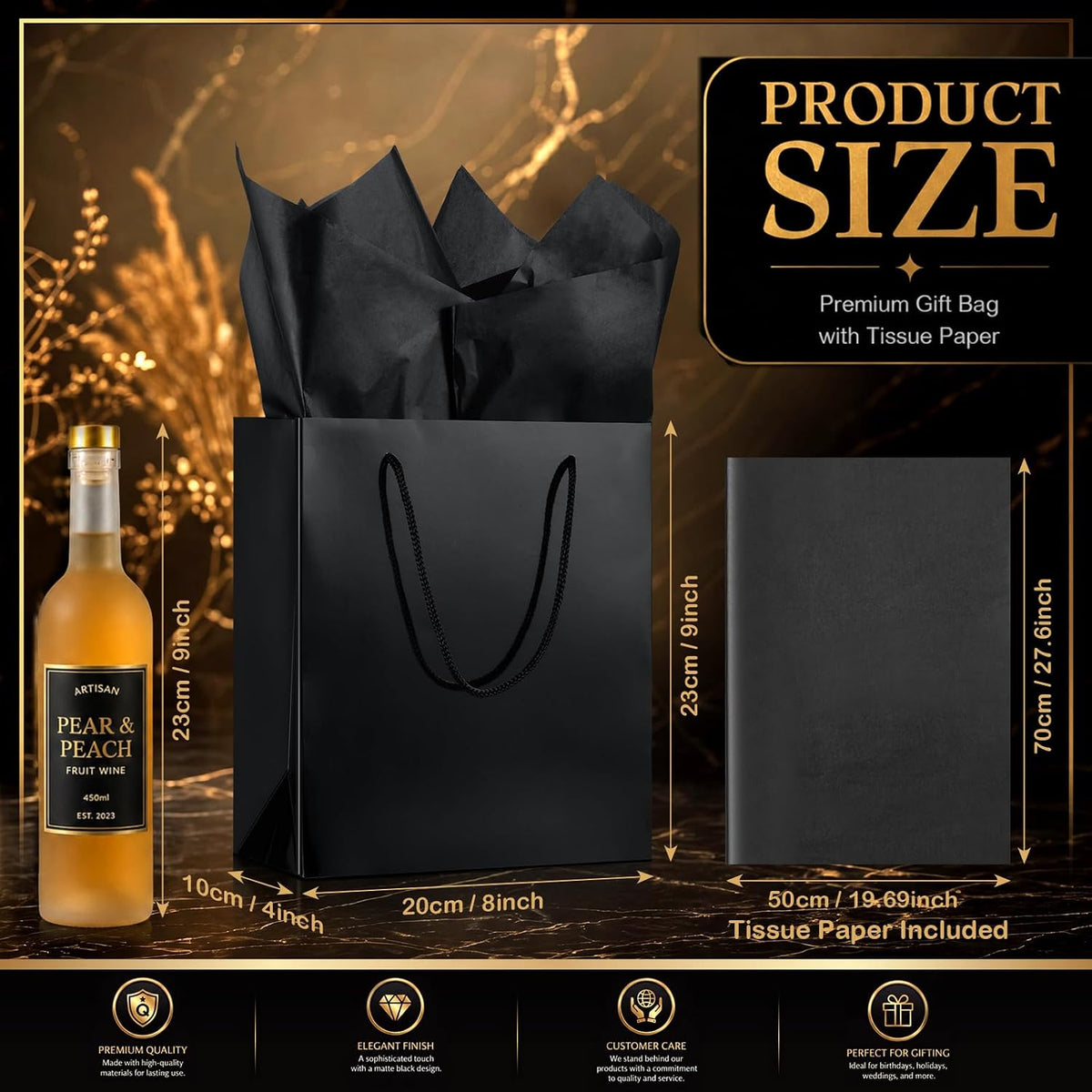 12 Pack Black Gift Bags with Tissue Paper, Metallic Finish, Rope Handles