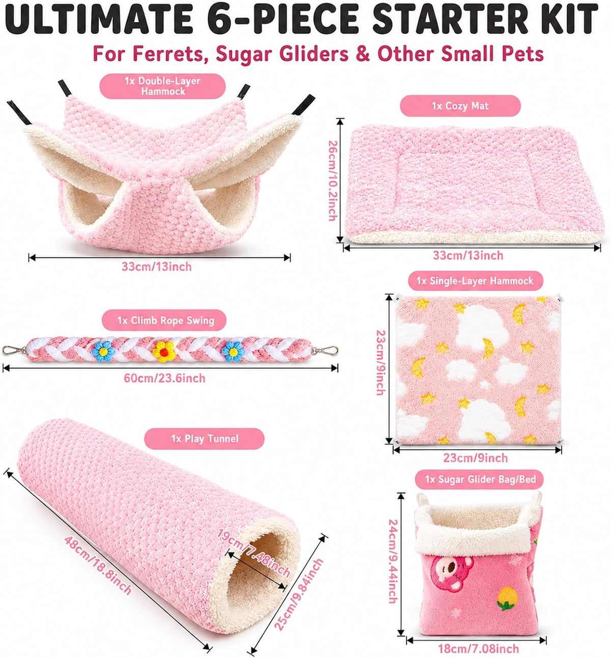 CTTZCKJ Anxiety Relief Ferret Hammock Set with Soft Cage Mat,6 Pcs Pink Sugar Glider Cage Accessories for Rats,Hamster,Guinea Pigs,Chinchilla,Squirrel,Hedgehog,Gerbil,Bunny,Bearded Dragon,Lizard