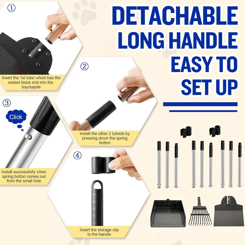 Dog Pooper Scooper, Tray Rake and Spade 3 Pack Poop Scoop Adjustable Long Handle Metal with Bin for Pet Waste Removal, No Bending Clean Up for Large and Small Dogs