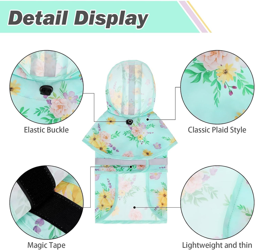 KOOLTAIL Dog Raincoat Hooded Slicker Poncho with Leash Hole, Rain Coat for Small Medium Dogs, Waterproof Doggie Rain Jacket with Reflective Strip, Adjustable Lightweight Puppy Rainwear, Green Flower S