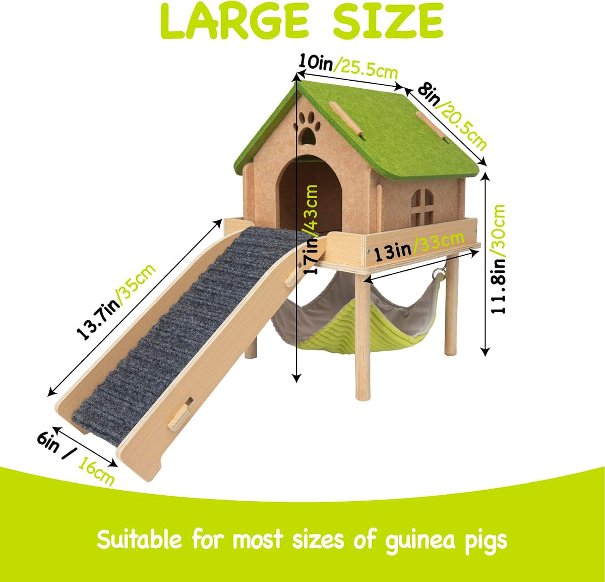 3 in 1 Enlarged Guinea Pig Hammock,Wooden Guinea Pig Hideout with House & Platform & Stairs Small Animal Toys for Hiding Sleeping Activities