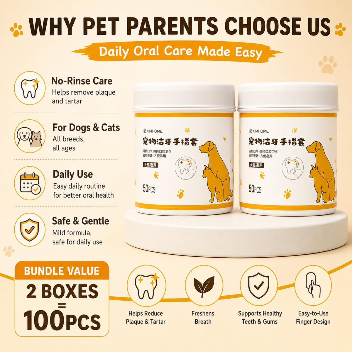 Dog Dental Wipes, 100 Count No-Rinse Finger Wipes for Dogs & Cats, Pet Teeth Cleaning Wipes to Help Remove Plaque & Tartar, Disposable Dog Toothbrush Wipes for Oral Care