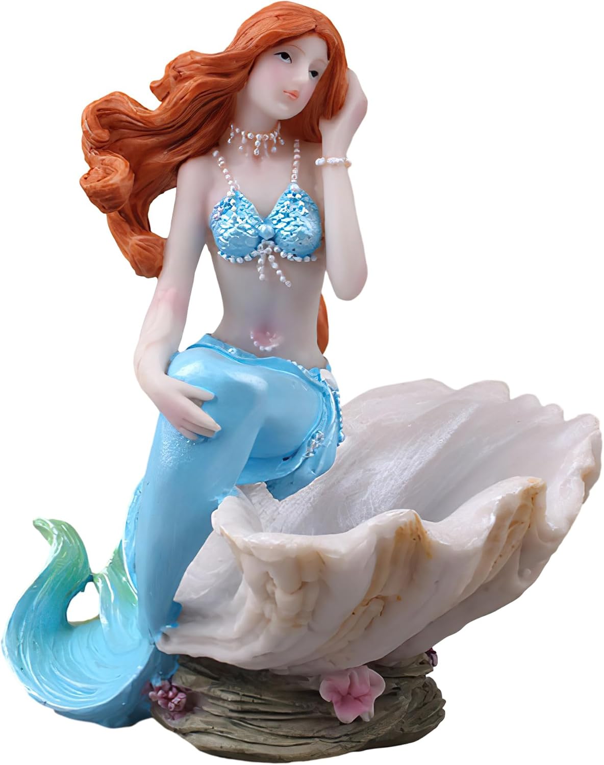 Mermaid Figurines Shell Aquarium Ornament Resin Mediterranean Style Mermaid Princess Craft Statue Jewelry Storage Organizer Gifts for Girls,Fish Tank Supplies Accessories (Blue)…