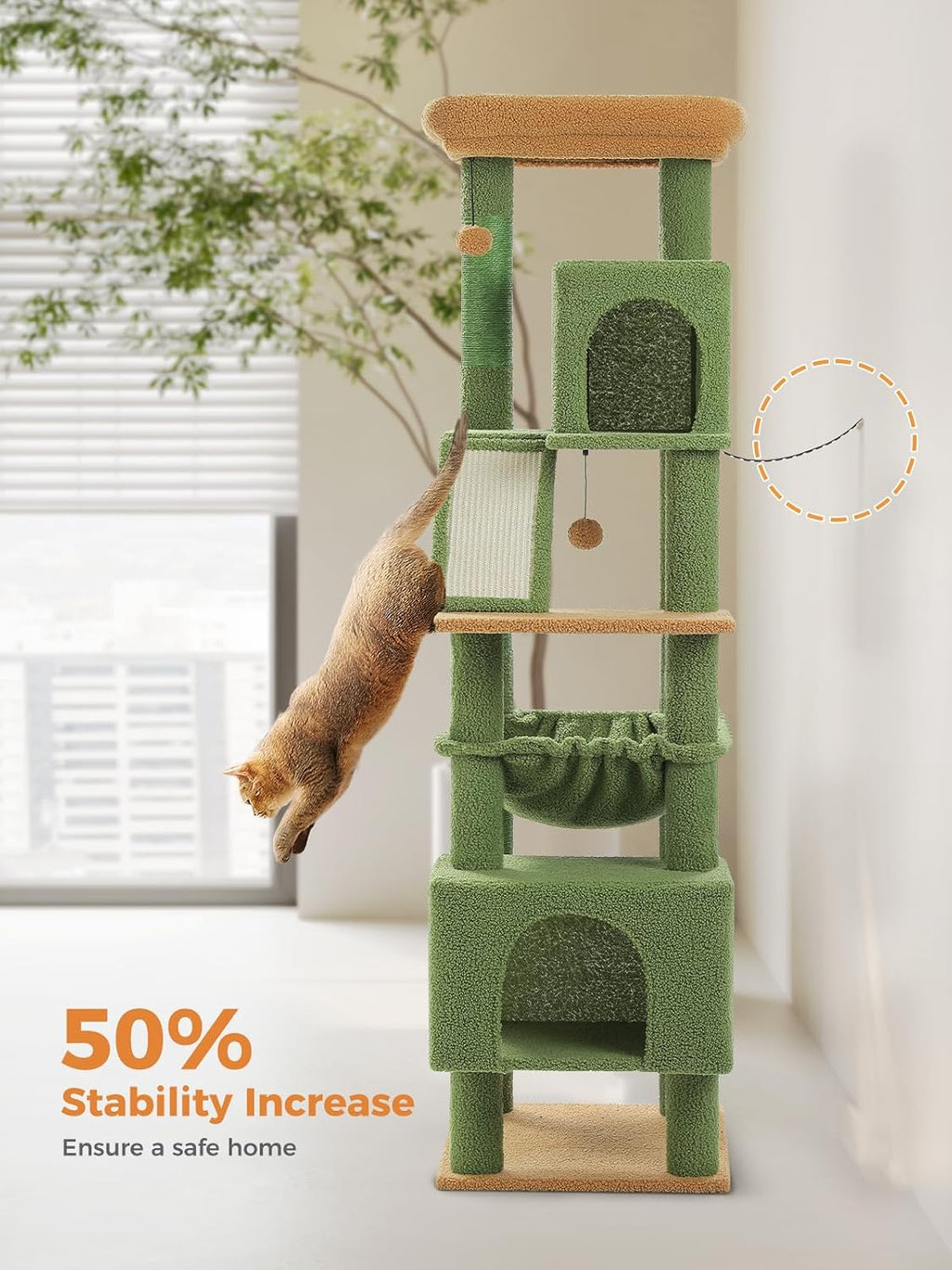 MUTTROS 71" Cactus Cat Tree for Large Cats, Hammock & 2 Condos, Green