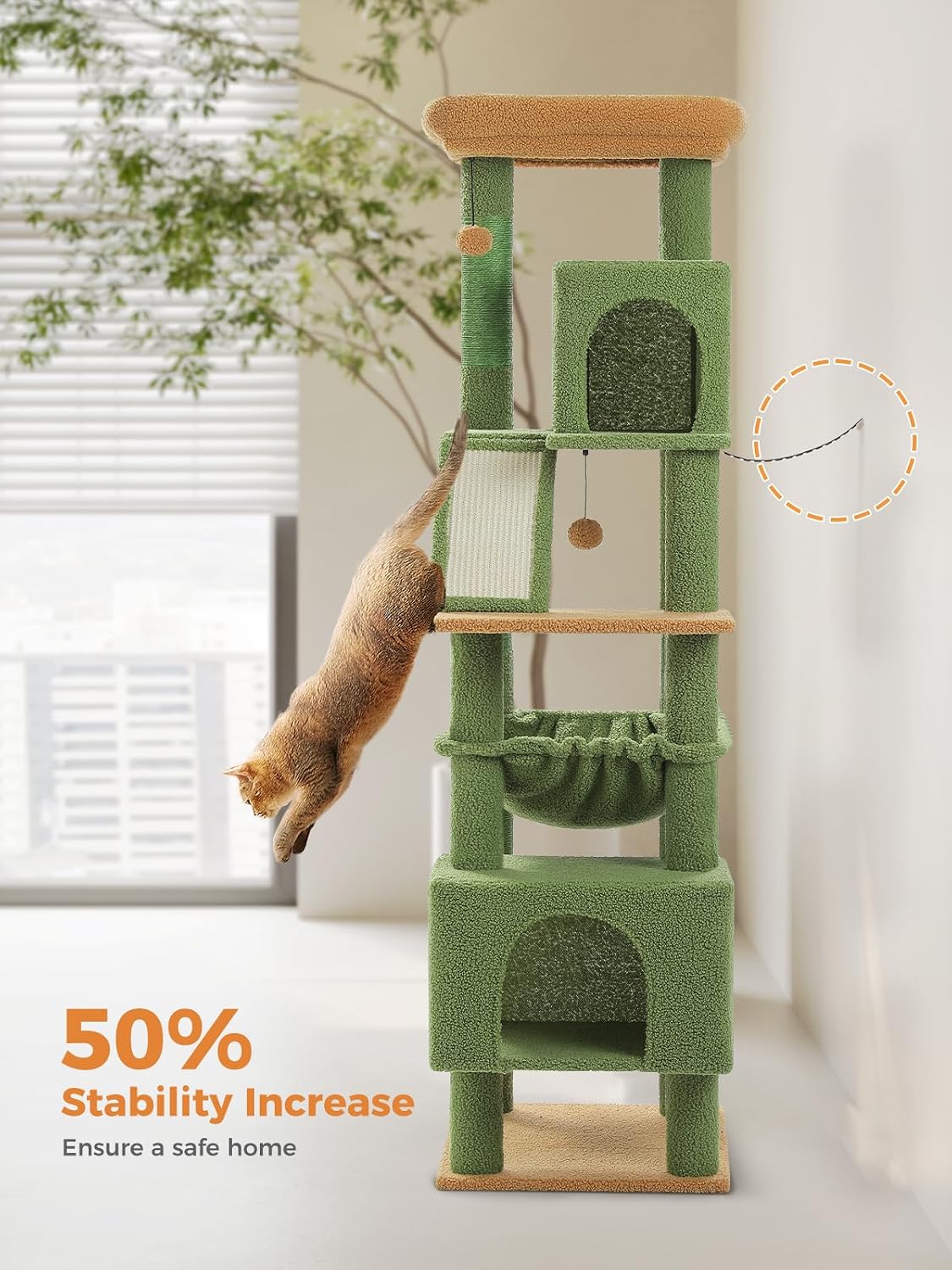 MUTTROS 71" Cactus Cat Tree for Large Cats, Hammock & 2 Condos, Green