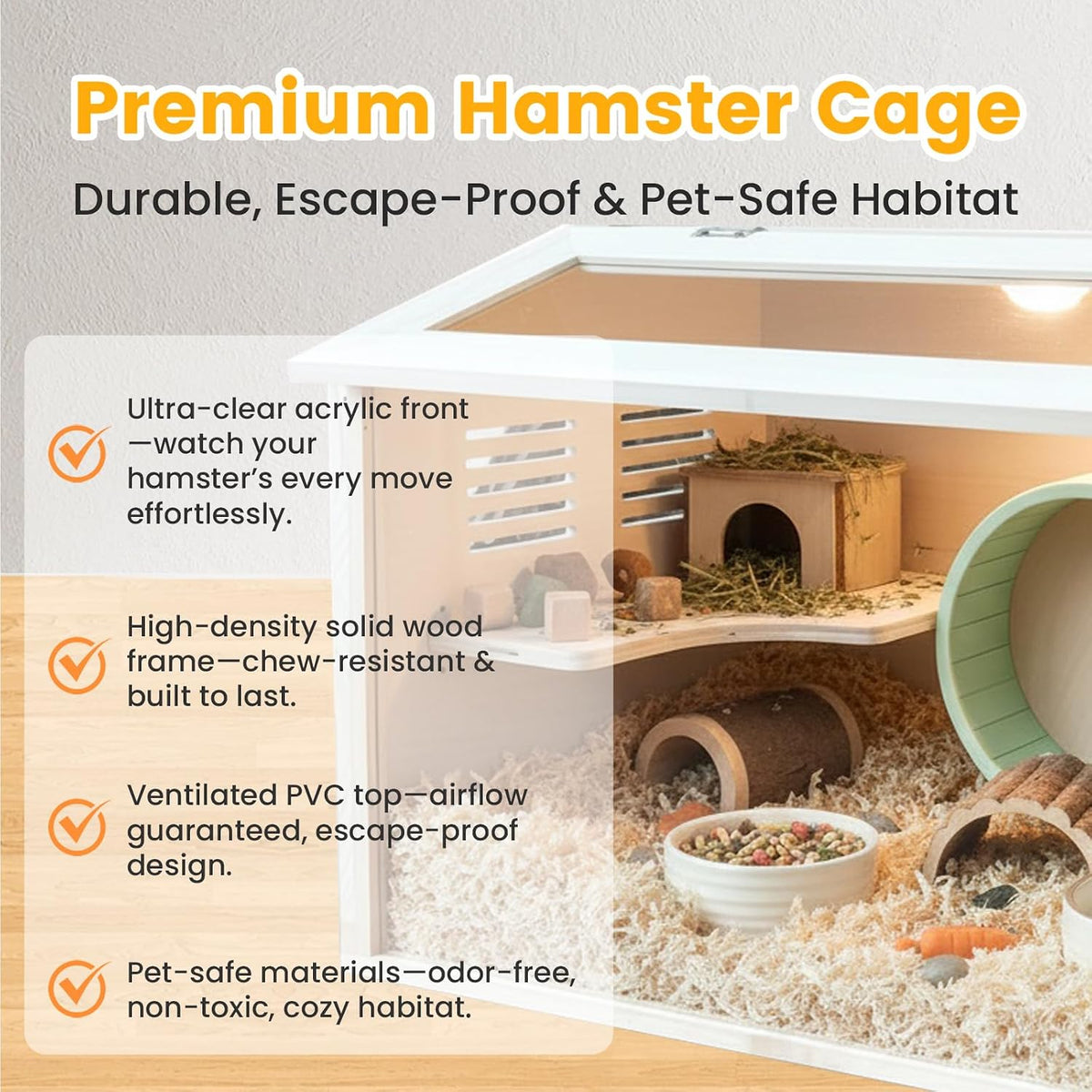 Wooden Hamster Cage Chewproof, Large Hamster Cages and Habitats, Small Animal Habitat with Openable Acrylic Sheet for Gerbil, Degus Mice, Guinea Pig, Rat& Other Small Pets（24in）