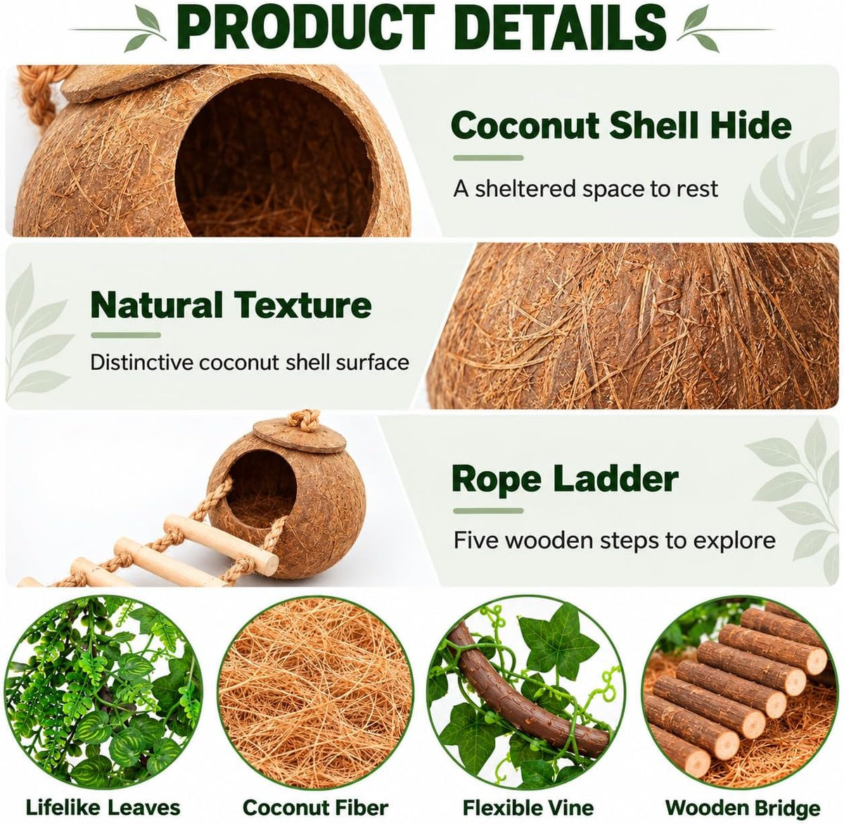 Crested Gecko Tank Accessories, Reptile Hide, Climbing Vines, Hanging Plants, Coconut Shells & Bridge for Leopard Gecko