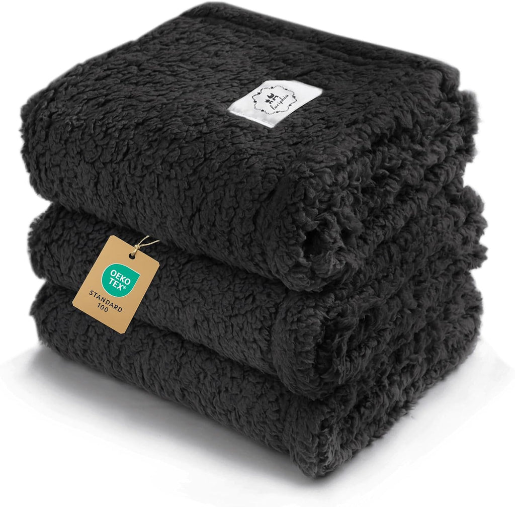 1 Pack 3 Calming Blankets Fluffy Premium Fleece Pet Blanket Soft Sherpa Throw for Dog Puppy Cat Beige/Black/Grey Small (23" x16'')