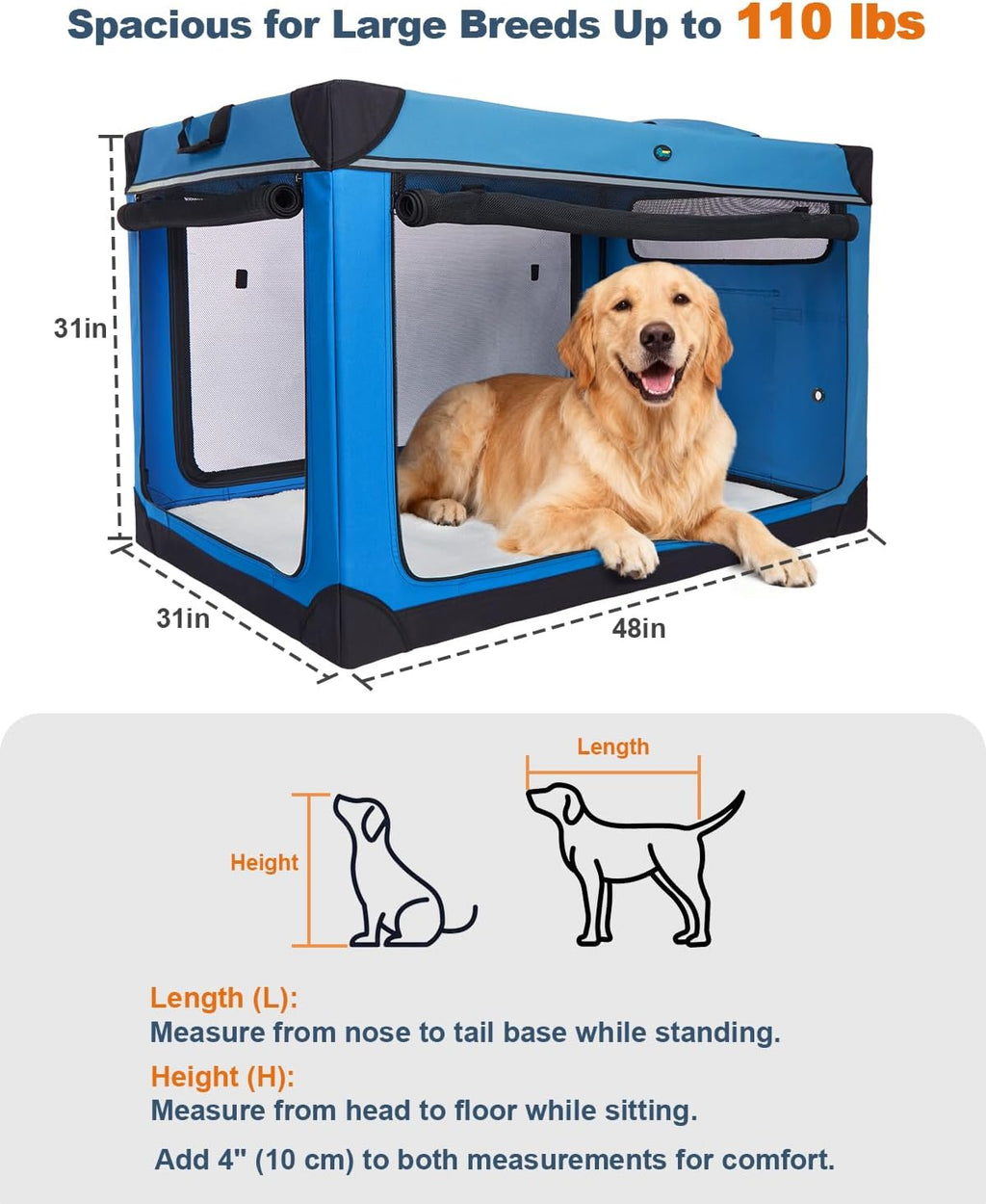 Ownpets Collapsible Travel Dog Crate for Large Dogs, 48x31x31 inches, Blue