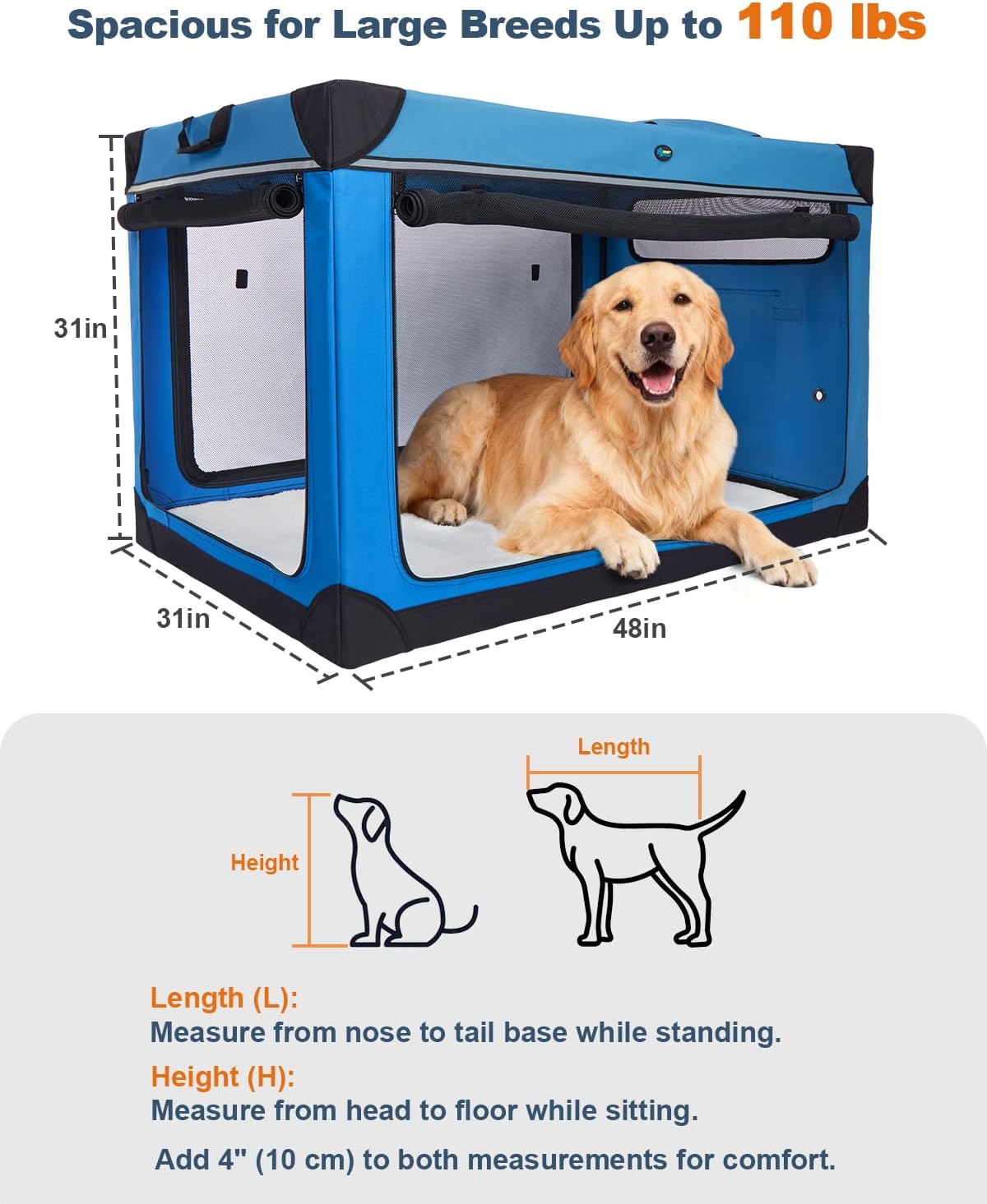 Ownpets Collapsible Travel Dog Crate for Large Dogs, 48x31x31 inches, Blue