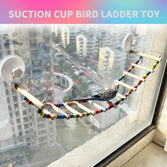 FlidRunest Suction Cup Wooden Bird Perch Stand Toy, Colorful Bird Parrot Ladder - Image 2