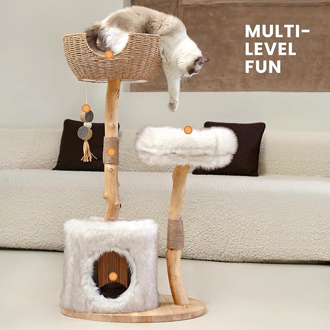 Cat Tree Tower with Two Real Branches, 44 INCH Wood Modern Cat Tower with - Image 2