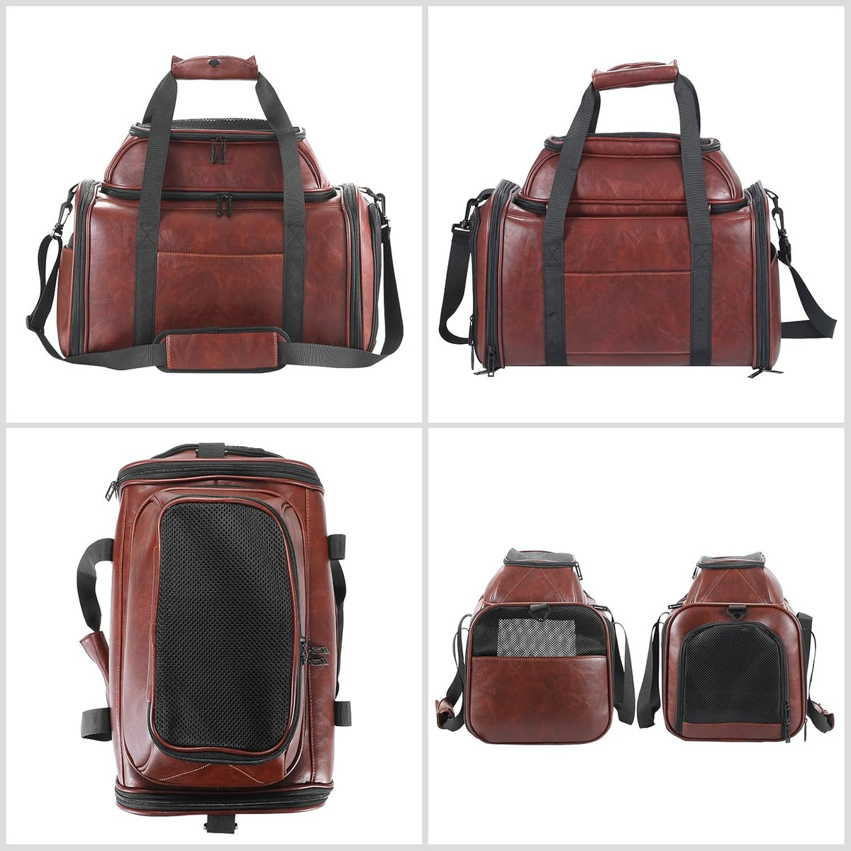 Premium Leather Top Expandable Pet Carrier for Small Dogs & Cats Under 15 lbs, Airline Approved Collapsible Soft-Sided Luxury Travel Bag Coffee
