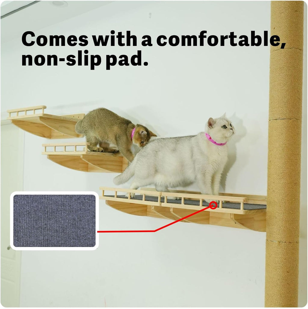【1-Pack】 15.75" x 12.20" Natural Solid Wood Wall-Mounted Cat Shelf with Guardrail, Aerial Walkway, Wall Furniture, Steps, Stairs & Perch