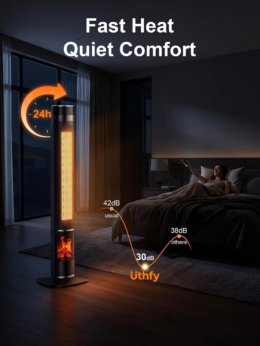 Uthfy 32IN Space Heater for Large Room, 1500W Portable Electric Heater for Indoor Use with 3D Flame Effect, 24H Timer, 120° Oscillation, Ceramic Heating Tower Heater for Bedroom, Living Room & Office