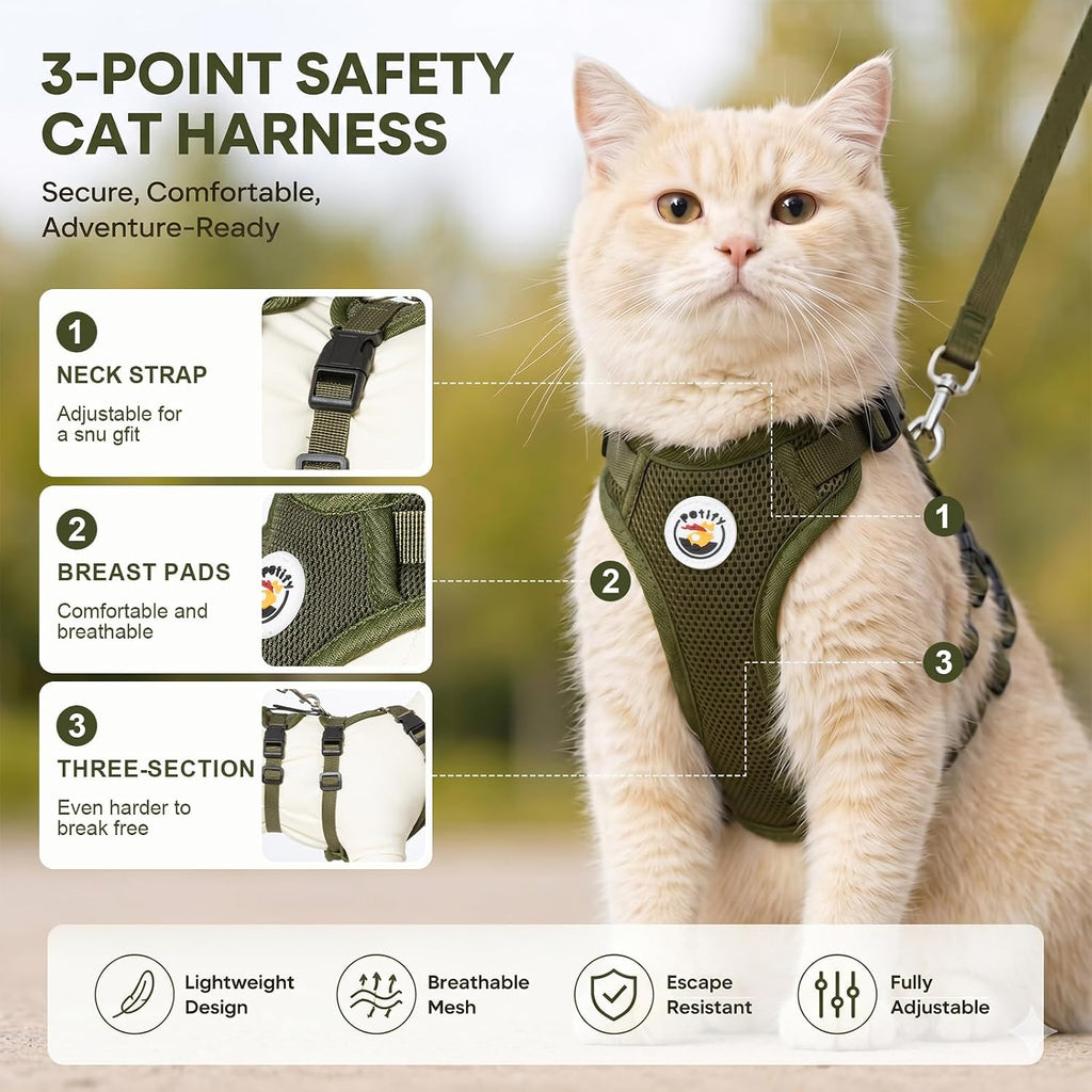 Escape Proof Cat Harness and Leash Set for Walking, 3-Point Adjustable Soft Mesh Kitty Vest Harness with Reflective Strip, Tactical Olive Green Adventure Pet Harness for Small to Medium Cats (S)