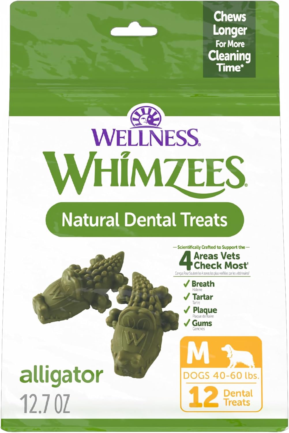 Whimzees Wellness Alligator Natural Dog Dental Treat, Chews, Freshens Breath, Medium Size, 12.7 oz Bag, 12 Count