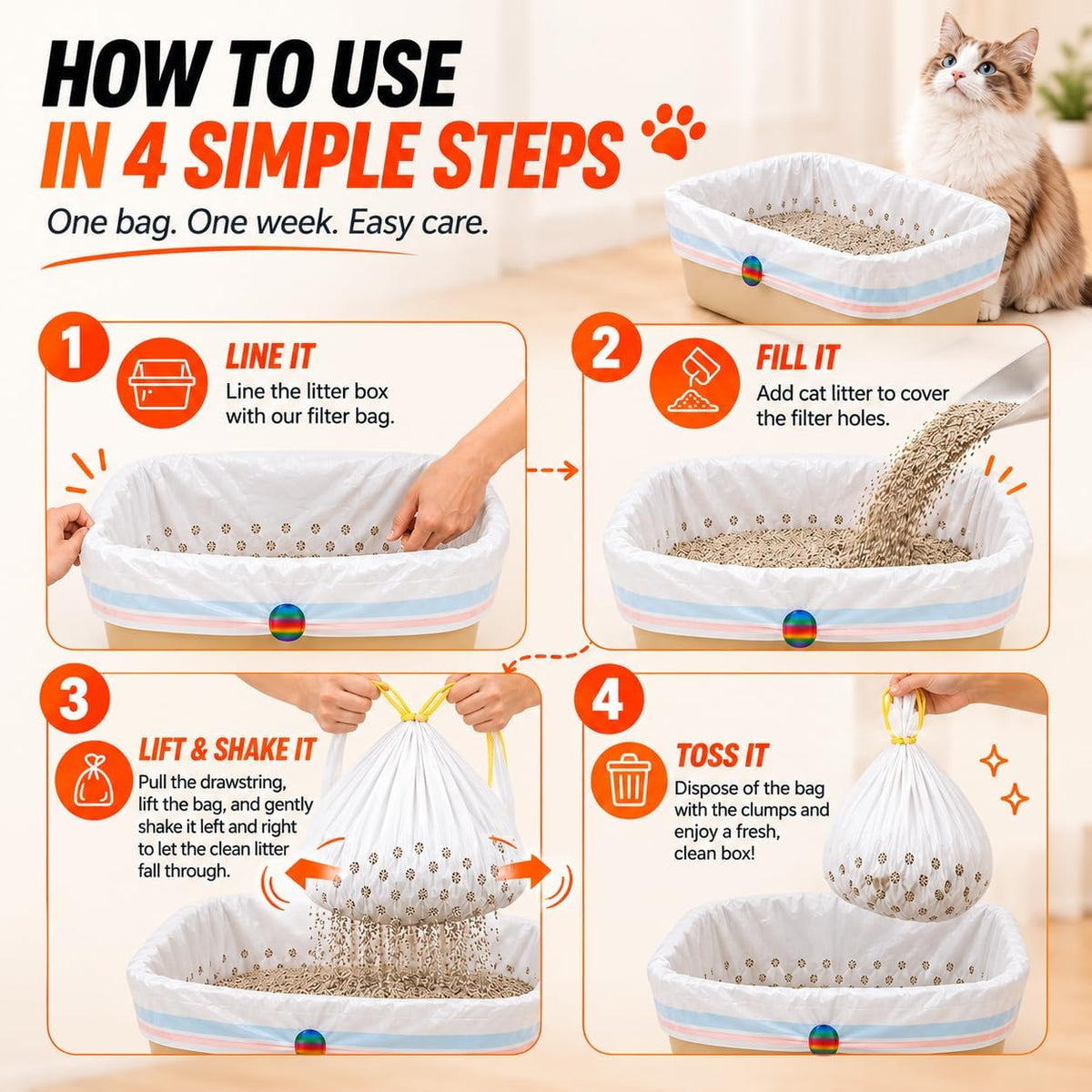 Sifting Litter Box Liners, 14 Count Drawstring Cat Litter Bags, 37 x 18 In