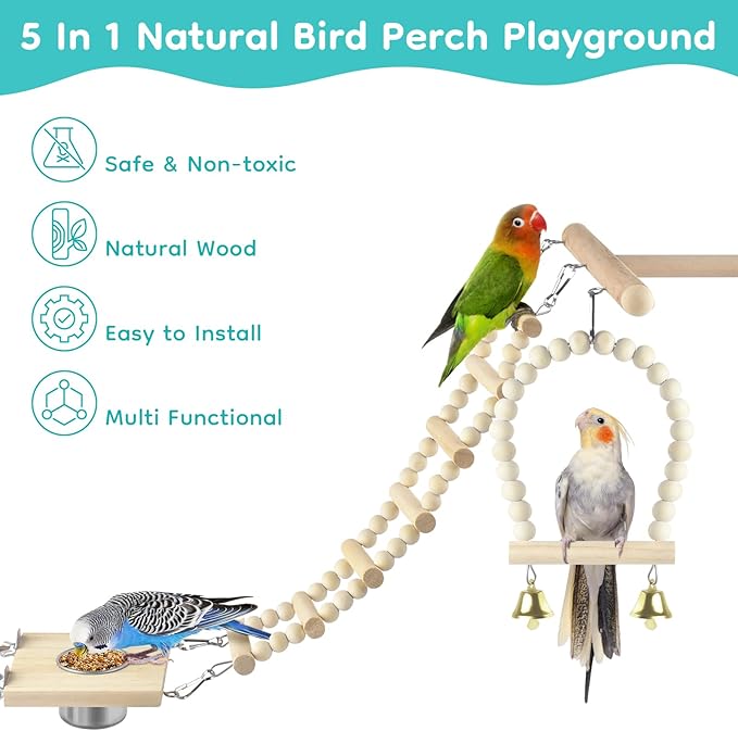 5in1 Bird Perch Ladder with Swing, Natural Wood Parrot Perches Platform with - Image 3