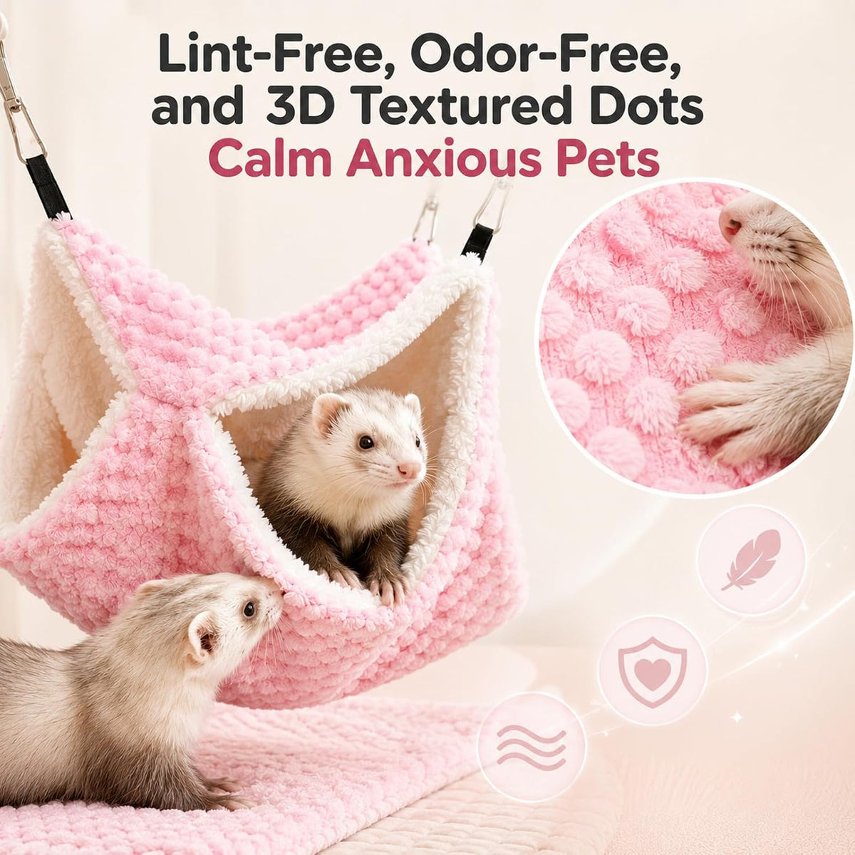 CTTZCKJ Anxiety Relief Ferret Hammock Set with Soft Cage Mat,6 Pcs Pink Sugar Glider Cage Accessories for Rats,Hamster,Guinea Pigs,Chinchilla,Squirrel,Hedgehog,Gerbil,Bunny,Bearded Dragon,Lizard