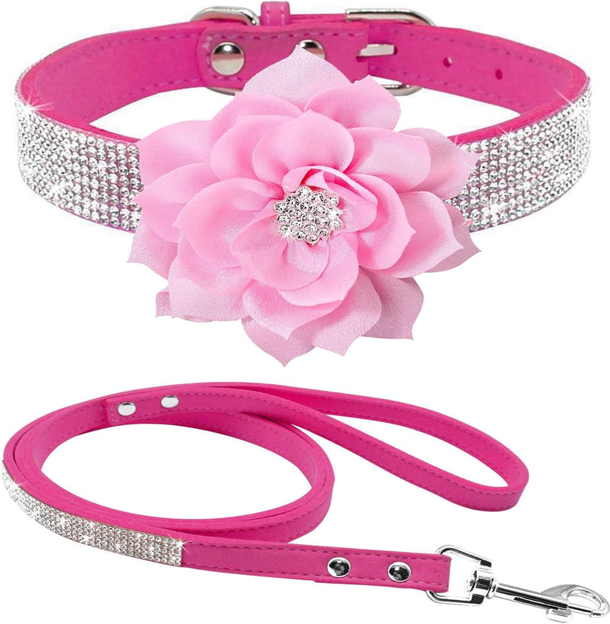 Cute Dazzling Sparkling Elegant Fancy Soft Suede Leather Bling Rhinestone Crystal Jeweled Pet Cat Dog Puppy Collar Dog Leash Combo Set (XXS(Neck 6-8"), Pink)